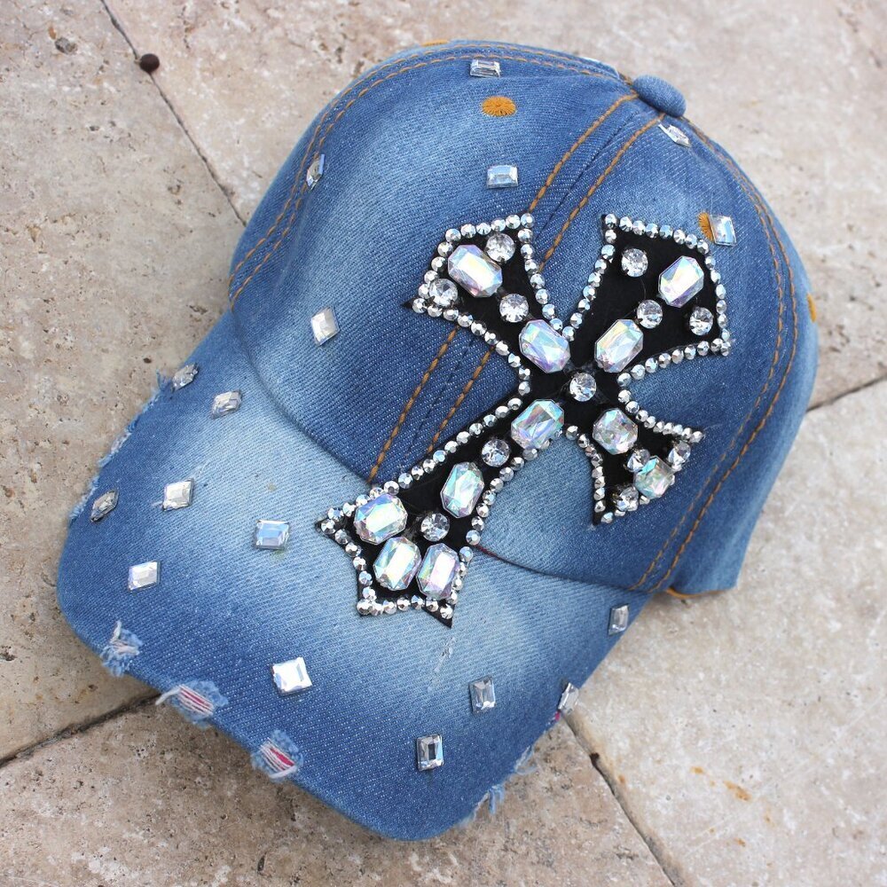 Faith Inspirational Cross Aurora Borealis Rhinestone Cap Hat Stud 100% Cotton